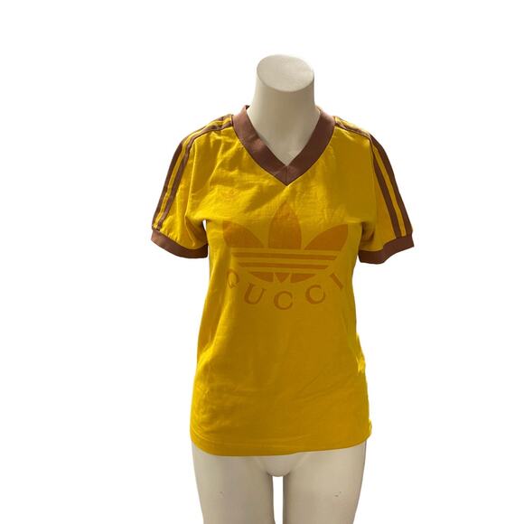 Gucci Adidas Rare Womens Logo V Neck T Shirt Gold Small - Picture 1 of 8